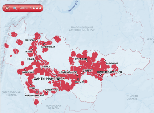 Зона покрытия сети Ростелеком в Ханты-Мансийском автономном округе.