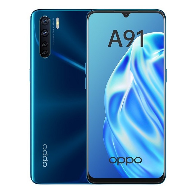 Смартфон OPPO A91 в синем цвете.