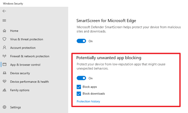 Настройки блокировки потенциально нежелательных программ в Windows 10.