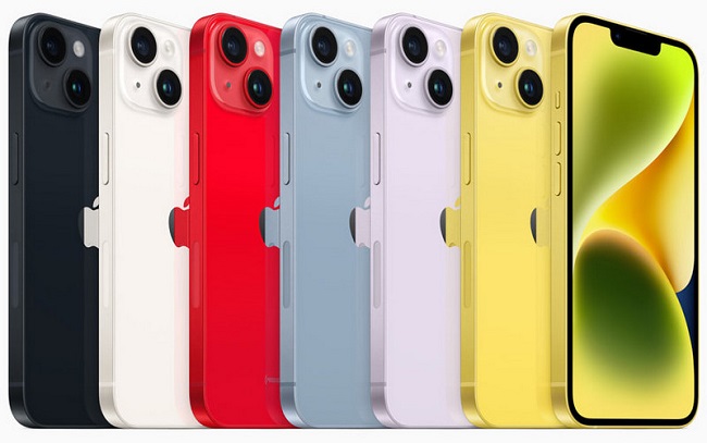 Смартфоны Apple iPhone 14 в разных цветовых исполнениях.