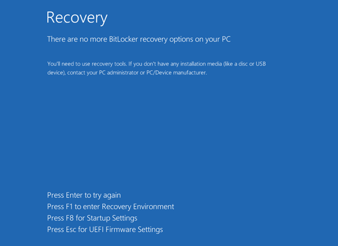 Жертва видит на экране сообщение: «На вашем компьютере нет вариантов восстановления BitLocker».