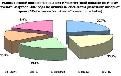 Рынок сотовой связи Челябинска по активным абонентам в 2008 году.