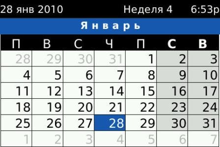 Blackberry Bold 9000: календарь на месяц, неделю и день.
