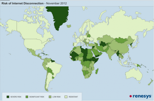 Карта стран с высоким риском отключения интернета.