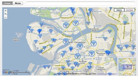 Карта покрытия Wi-Fi в Санкт-Петербурге.