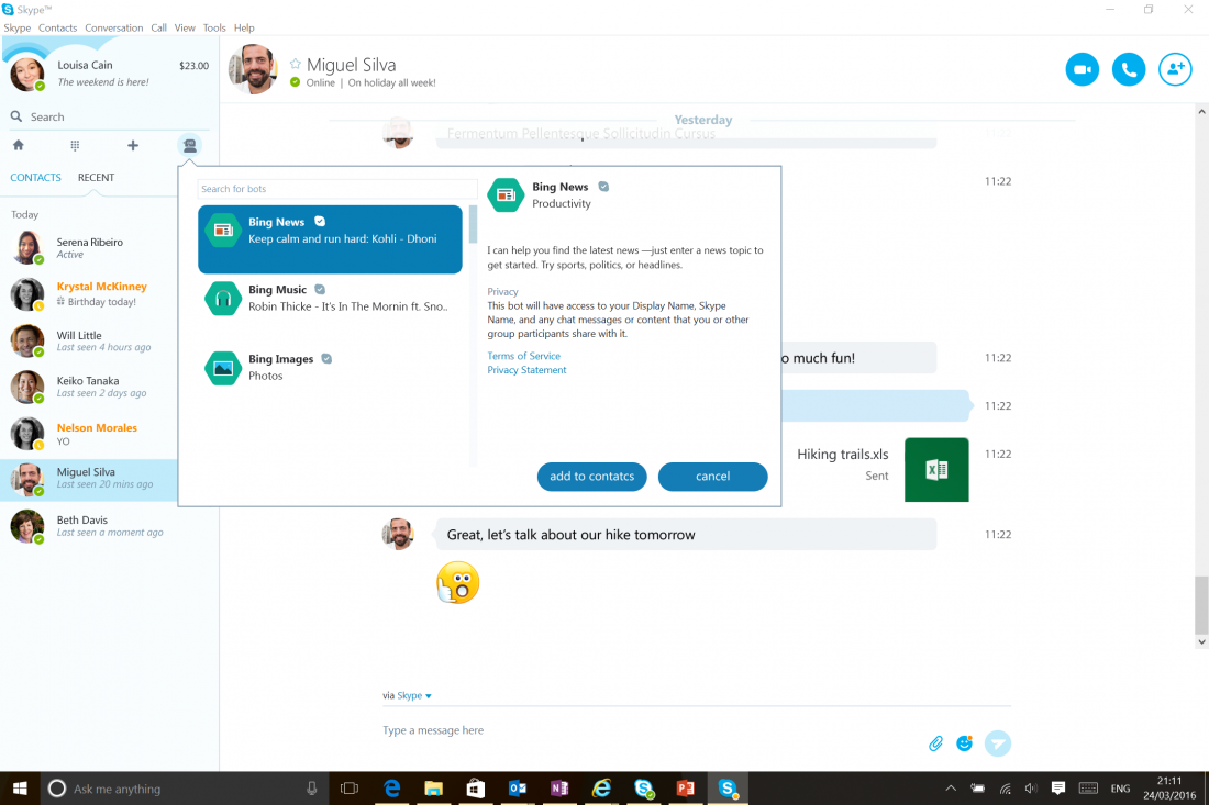 Microsoft встроит голосовой помощник Cortana и функцию ботов в Skype.