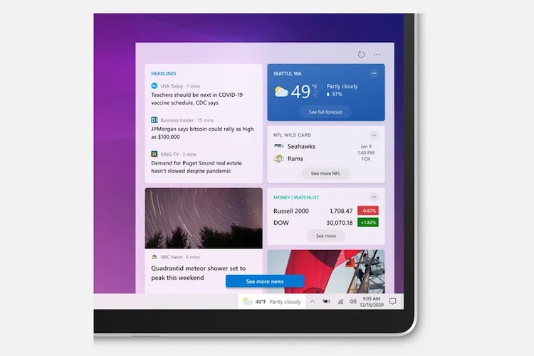 В обновлённой версии Windows 10 заработал виджет новостей и погоды для панели задач.