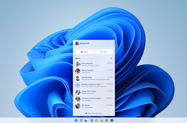Вышла тестовая версия Windows 11 со встроенным приложение «Чат» на базе сервиса Microsoft Teams.