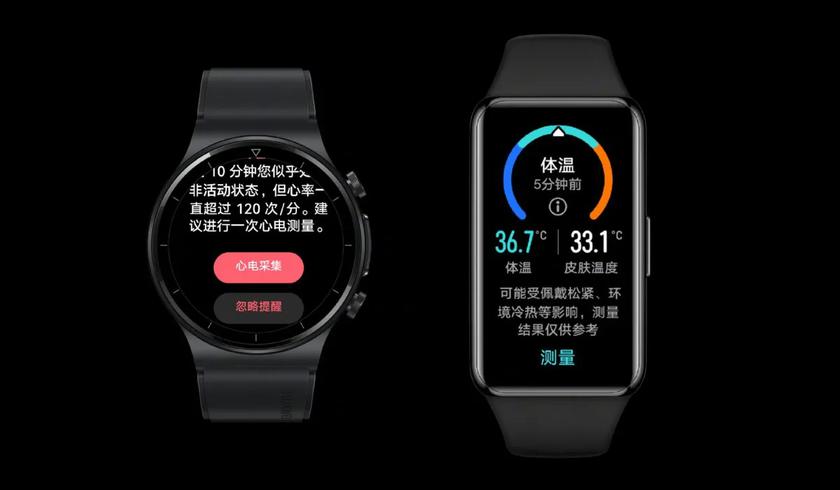 Huawei анонсировала смарт-часы с функцией ЭКГ и фитнес-браслет с датчиком температуры тела.