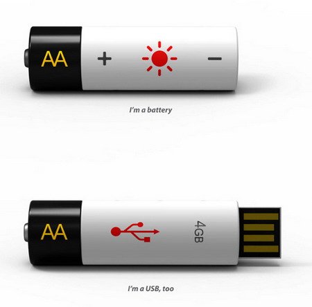 Дизайнер скрестил USB накопитель с AA батарейкой.
